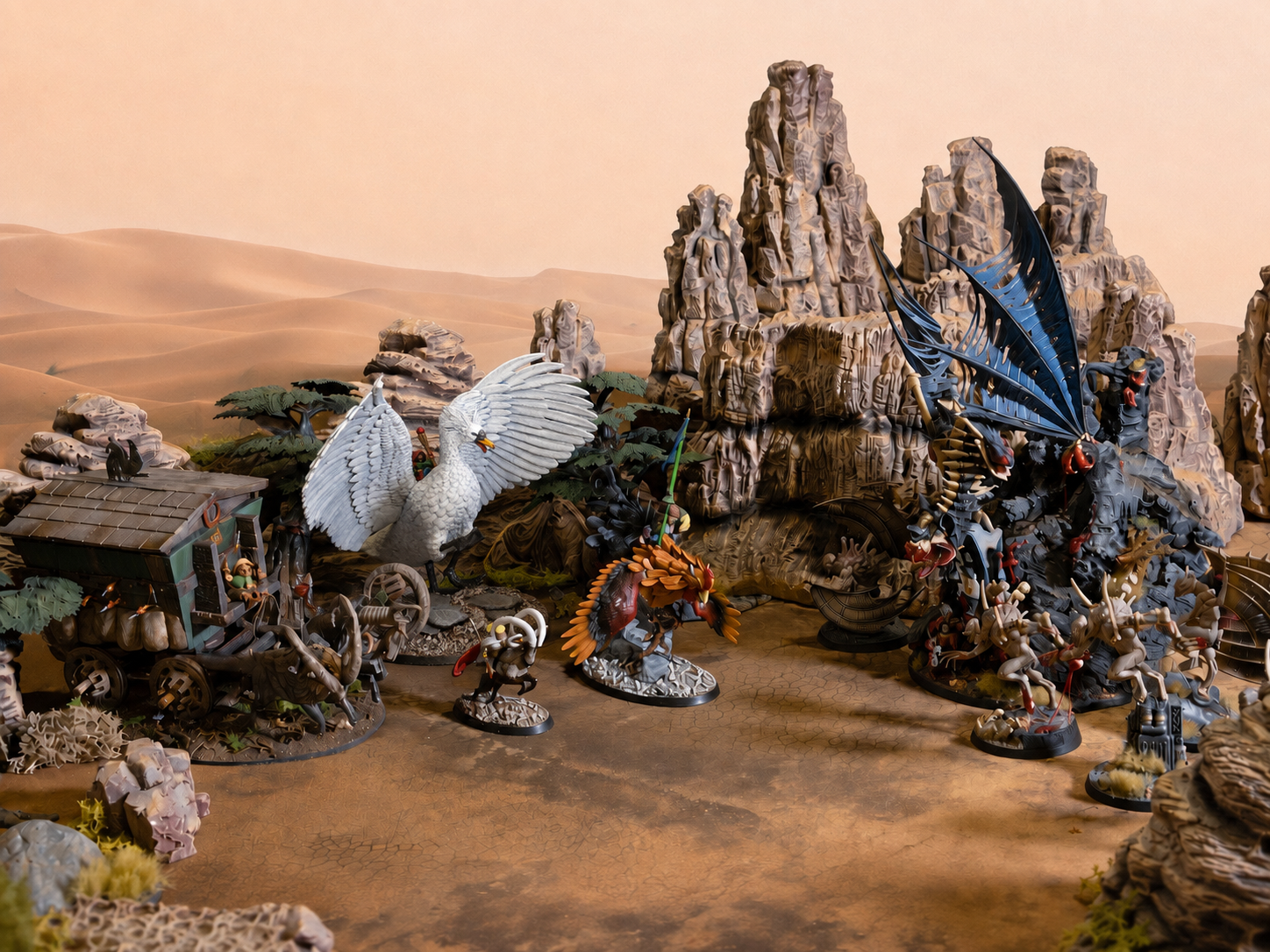 A Blazed Trail caravan encounters a Flesh-eater Courts Chasse Ardente on the plains of Pumys