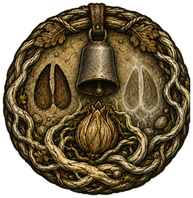 Fallow Trail emblem — hoofprints, a herd-bell and a dormant bulb ringed in rope