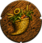 Gnomiad Trail emblem — a woven cornucopia upon a wooden shield