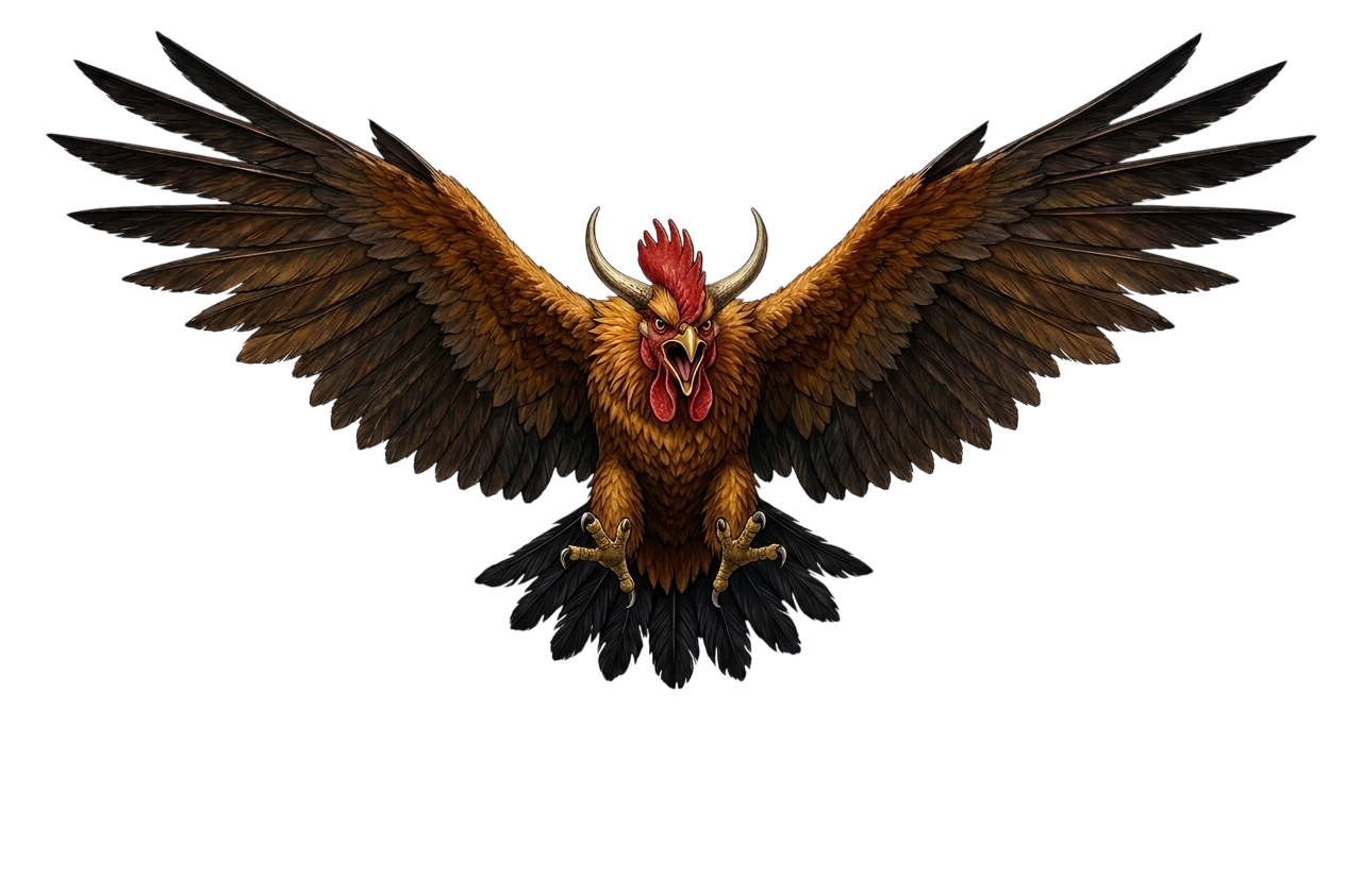 A horned cockerel with wings spread