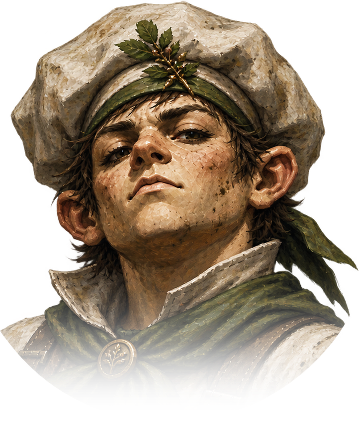 Portrait of a Gnomad Feastmasters hero in leaf-worked green and gold