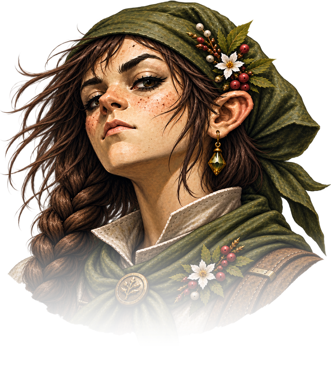 Portrait of a Gnomad caravan kin in a green headscarf with holly and winter berries