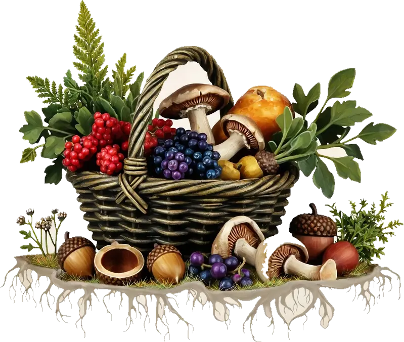 A wicker basket of berries, mushrooms, acorns and herbs on a raft of exposed roots