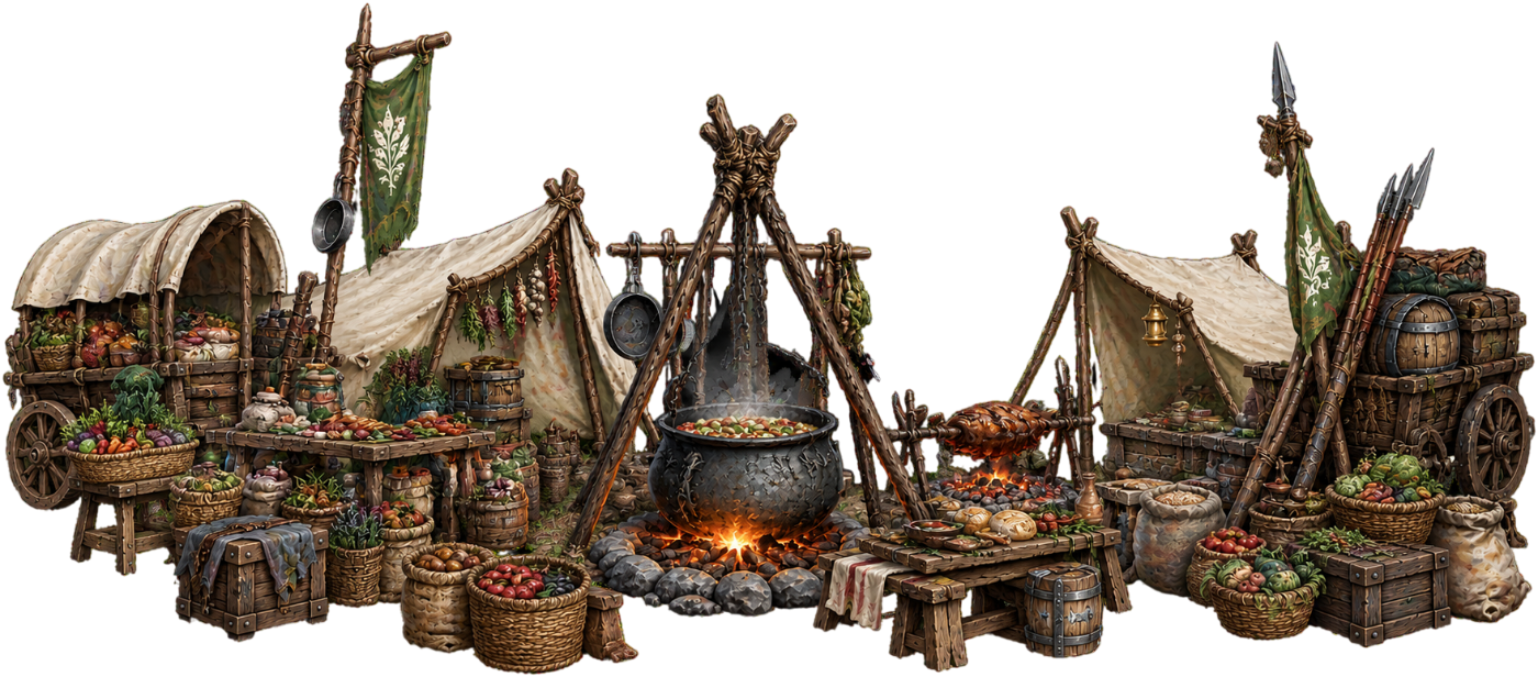 A Gnomad caravan camp: wagons, tents and a cauldron over the fire