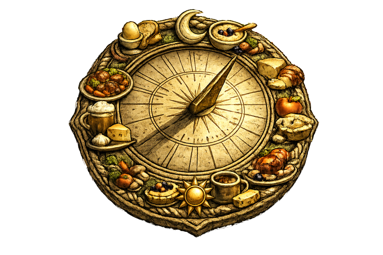 Shimmering Trail emblem — a sundial ringed with dishes of the feast