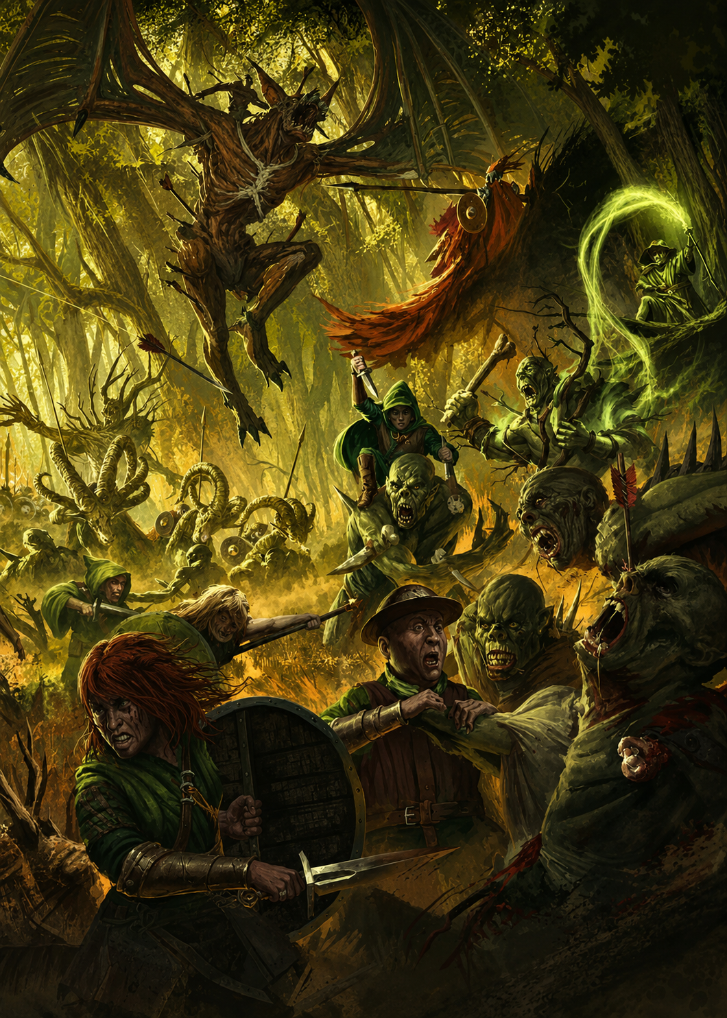 The fight spills through the canopy