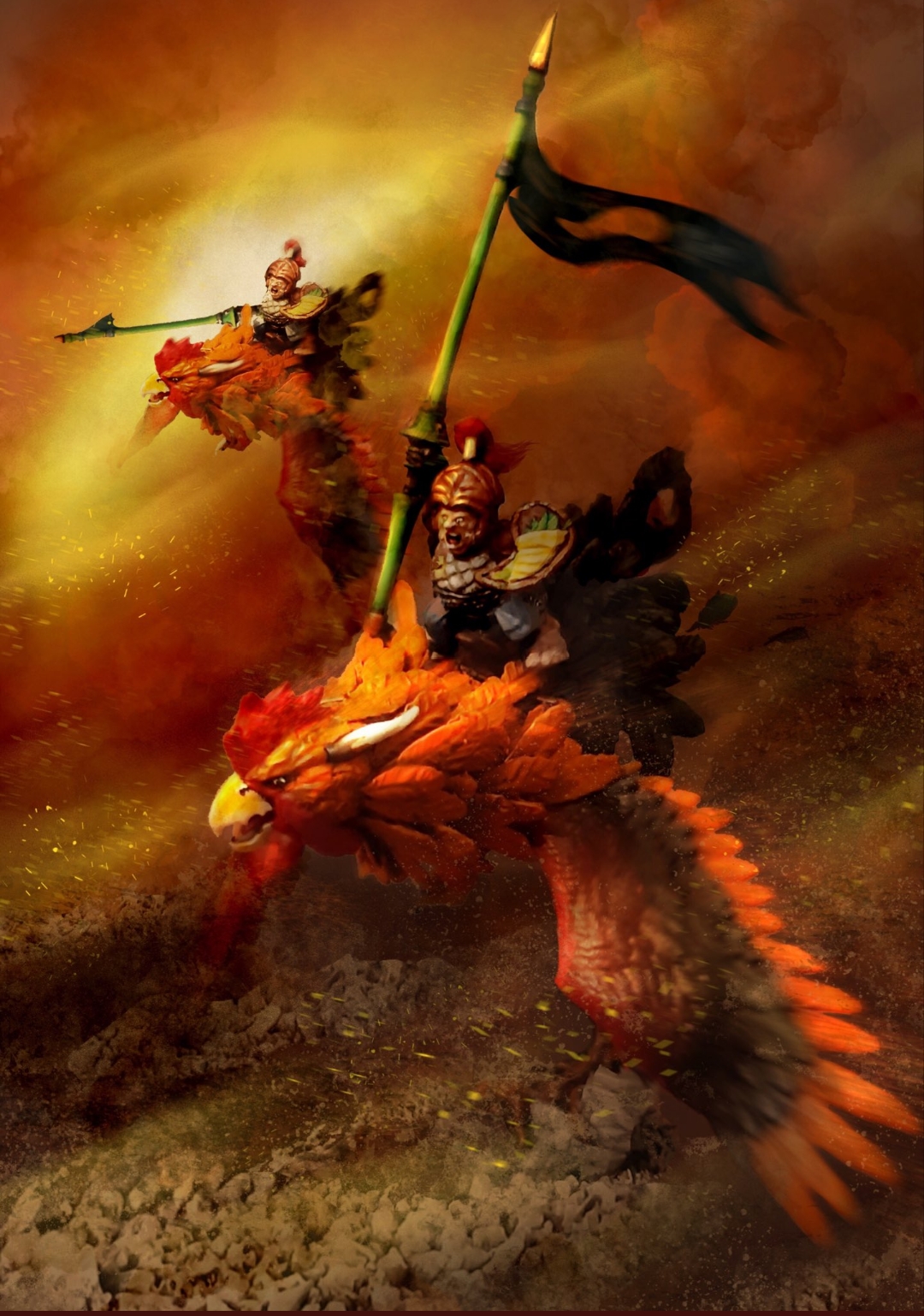 Trail Masters charge on war-cockerel mounts beneath a burning sky