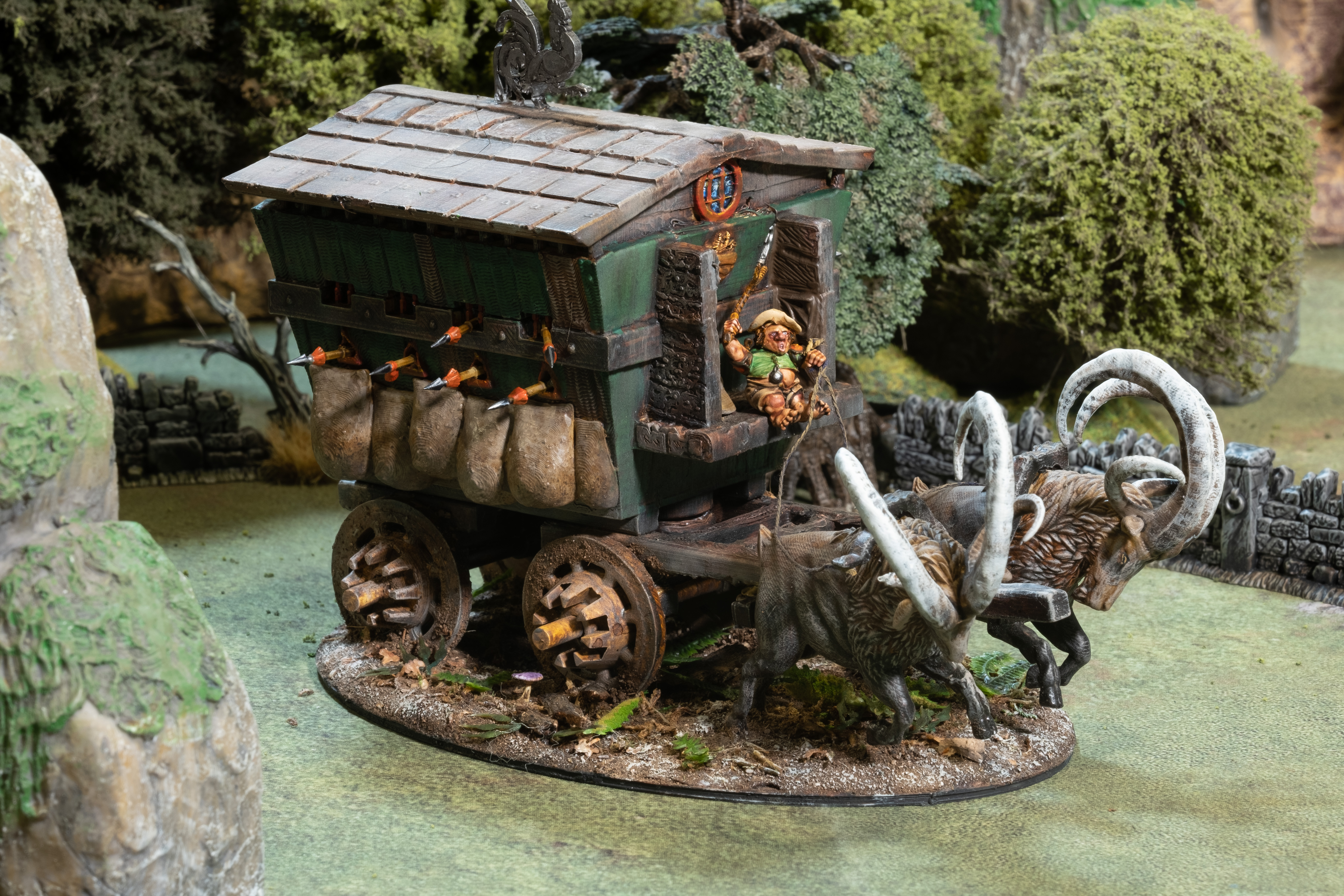 A Hollowain War-Wagon drawn by Crag Ibexes